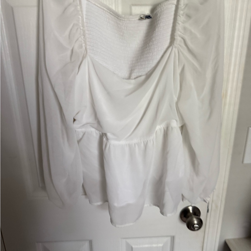 ARULA White Blouse with Ruched Sleeves